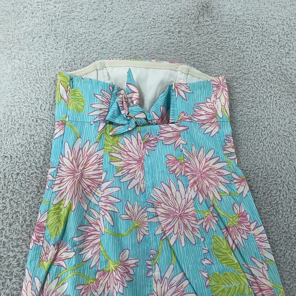 Lilly Pulitzer Strapless Dress‎ Womens 2 Blue Pink Floral Bow Back Sundress Mini - Picture 5 of 10